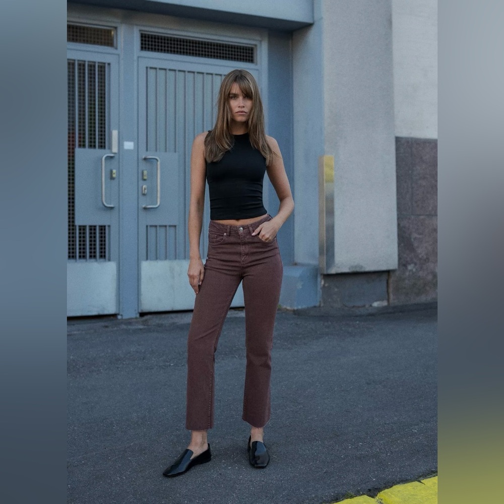 Zara burgundy TRF High-waisted cropped flare jeans